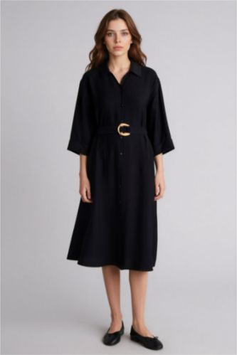 Kadın Siyah Regular Fıt Gömlek Yaka Uzun Kollu Elbise