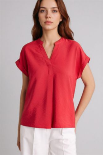 WOMAN Red Regular Fit Crew Neck Short Sleeve Blouse
