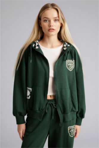 Woman Dark Green Oversize Fit Printed Harry Potter Licensed Cardigan