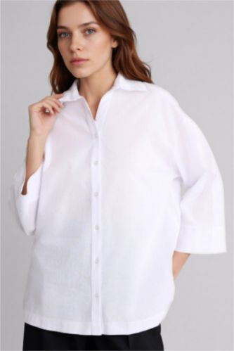 Kadın Kırık Beyaz Regular Fıt Gömlek Yaka Flamlı Pamuk Uzun Kollu Gömlek