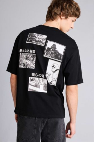 Erkek Siyah Star Wars Boxy Fıt Baskılı Tişört