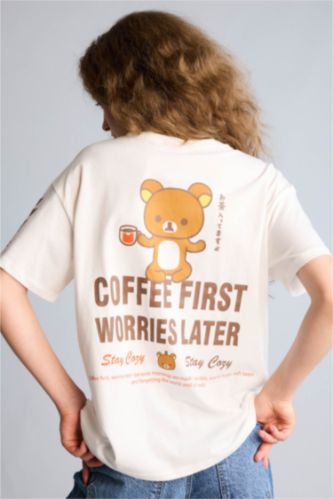 Kadın Kırık Beyaz Rilakkuma Oversıze Sırt Baskılı Tişört