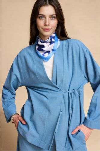 Women Blue Regular Fit Linen Blended Long Sleeve Tunic