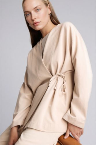 Kadın Bej Regular Fıt Keten Karışımlı Uzun Kollu Tunik