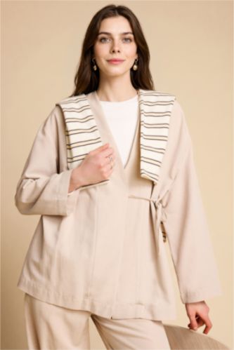 WOMAN Beige Regular Fit Linen Blended Long Sleeve Tunic