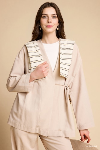 WOMAN Beige Regular Fit Linen Blended Long Sleeve Tunic