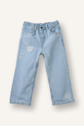 Kız Bebek Açık Mavi Kalp Patchli Pamuklu Pantolon Kız Bebek