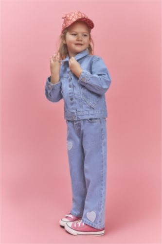 Kız Bebek Açık Mavi %100 Pamuk Kalp Patchli Pamuklu Pantolon Kız Bebek