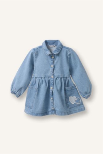 Kız Bebek Açık Mavi Uzun Kollu Jean Elbise Kız Bebek