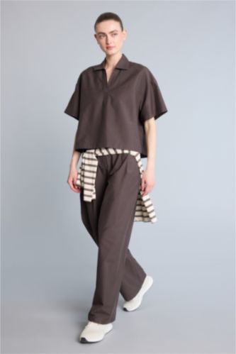 Kadın Kahve Wide Leg Keten Pantolon