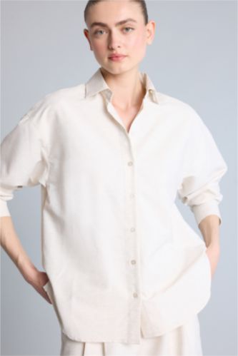 Women Doğal Açık Bej Oversize Fit linen Long Sleeve Shirt