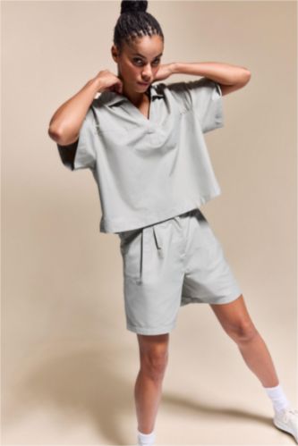 Kadın Açık Haki Oversize Keten Karışımlı Kısa kollu Gömlek