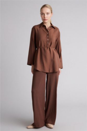 WOMAN Brown Straight Fit Straight Leg Crinkle Trousers