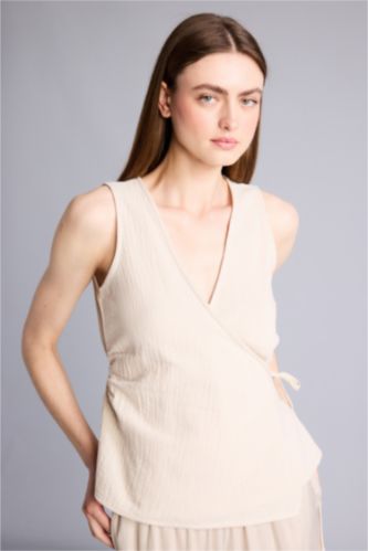 WOMAN Beige Slim Fit Wrap Collar Sleeveless Blouse