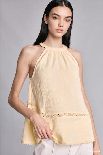 Women Light Yellow Regular Fit Halter Neck Muslin Sleeveless Top