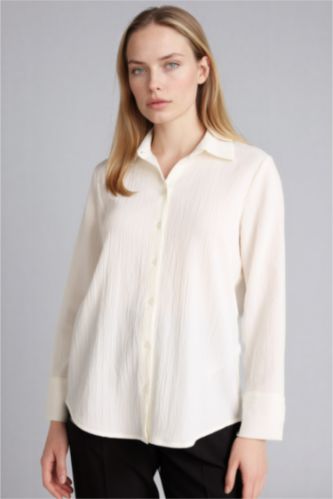 Kadın Ekru Regular Fıt Gofre Dokulu Gömlek