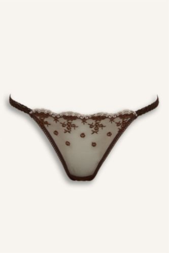 Kadın Kahve Nakışlı Dantel Detaylı Tül