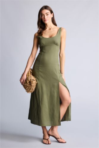 WOMAN Khaki Linen Blended Midi Dress
