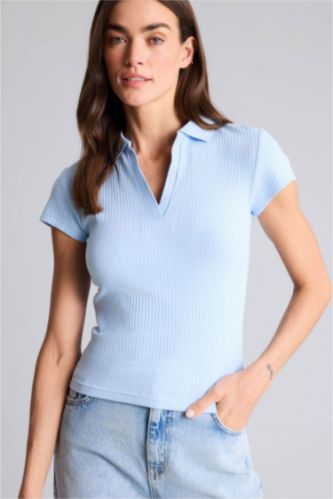 Женщины Голубрй Футболка поло кашкорсе Slim Fit в рубчик с коротким рукавом