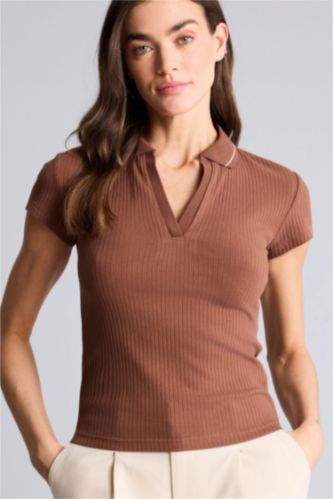 Женщины Светло коричневый Футболка поло кашкорсе Slim Fit в рубчик с коротким рукавом