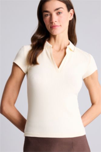 Женщины Бежевый Футболка поло кашкорсе Slim Fit в рубчик с коротким рукавом