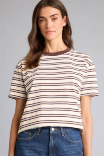 Женщины Бежевый Футболка Premium Relax Fit в полоску с круглым вырезом и коротким рукавом