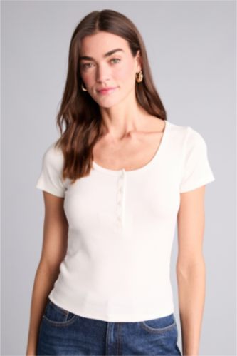 Женщины Бежевый Футболка кашкорсе Slim Fit в рубчик с воротником на пуговицах и коротким рукавом