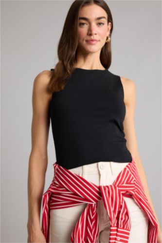 Женщины Черный Базовая однотонная майка Regular Fit с круглым вырезом