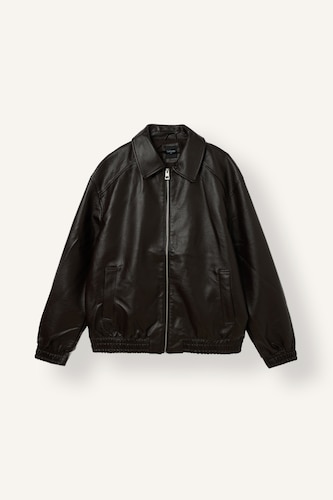 Oversize Faux Leather Polo Collar Zip-Up Jacket