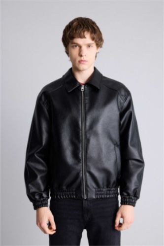 Man Black Oversize Fit Faux Leather Jacket