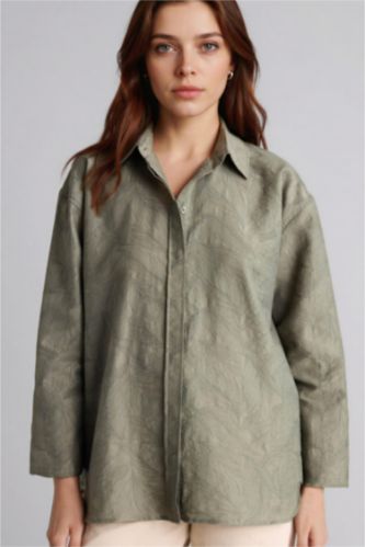 Kadın Açık Haki Regular Fıt Floral Uzun Kollu Tunik