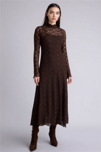 Kadın Kahve A Kesim Dantel Midi Elbise