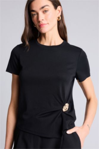 Женщины Черный Футболка Slim Fit в рубчик с круглым вырезом и коротким рукавом