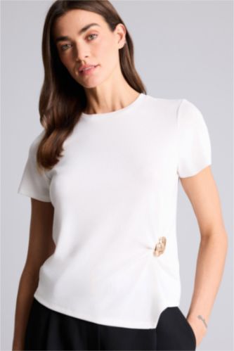 Женщины Бежевый Футболка Slim Fit в рубчик с круглым вырезом и коротким рукавом