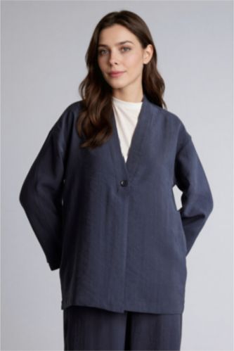 Kadın Lacivert Regular Fıt V Yaka Modal Kimono