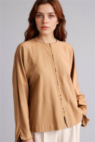 Kadın Camel Keten Karışımlı Uzun Kollu Tunik