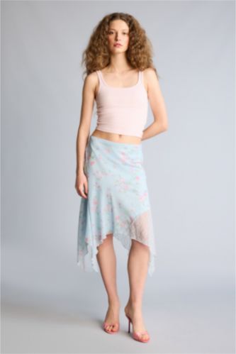 نساء أزرق تنورة قصيرة فلورال تول غير متماثل بخصر عادي وبطانة جيرسي