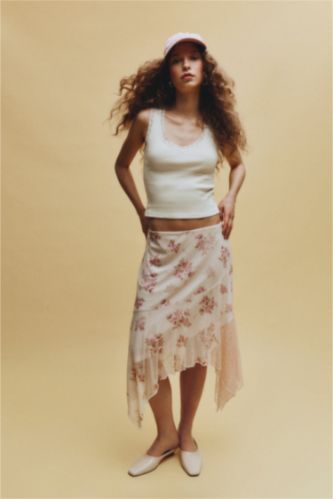 Woman Light Pink Asymmetric Floral Tulle Combed Lining Normal Waist Mini Knitted Skirt