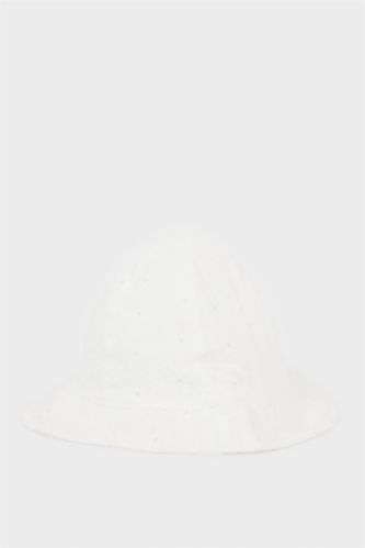 Kız Bebek Beyaz Nakışlı Pamuklu Bucket Şapka Kız Bebek