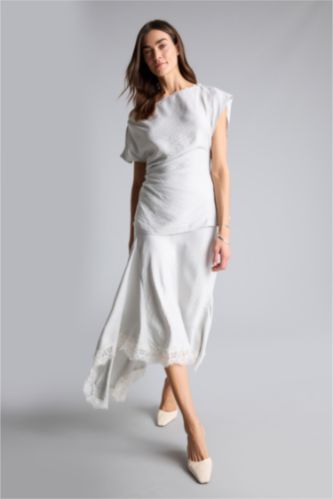 Kadın Açık Gri A Kesim Normal Bel Midi Etek