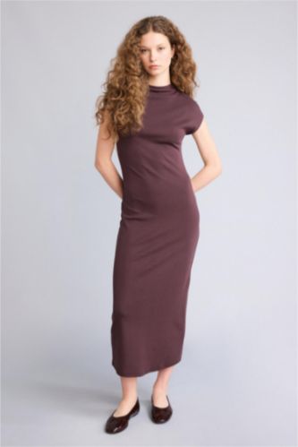 Kadın Kahve Bodycon Vücudu Saran Modal Maxi Elbise