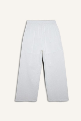 100% Cotton Regular Fit Embroidered White Beach Trousers