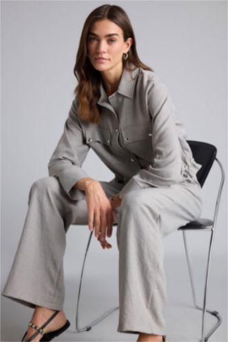 Kadın Gri Wıde Leg Çift Cepli Yüksek Bel Pantolon