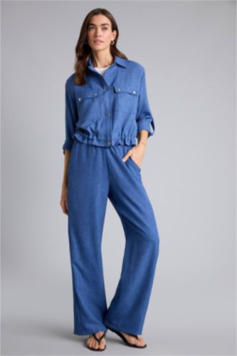 حريمي نيلي بنطلون وايد ليج برجل واسع وخصر عالي