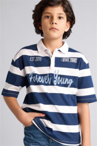 Erkek Çocuk - Genç Erkek Lacivert Çizgili Oversıze Polo Tişört Erkek Çocuk