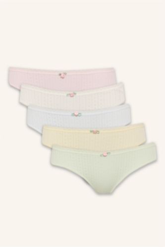 Woman Light Yellow Lace Detail 5 Piece Panties
