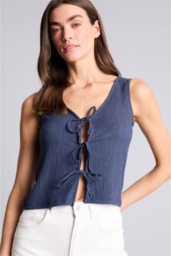 Женщины Темно-синий Майка Regular Fit из ткани букле с V-образным вырезом