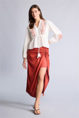 Женщины Темно-оранжевый Льняная юбка миди с нормальной посадкой