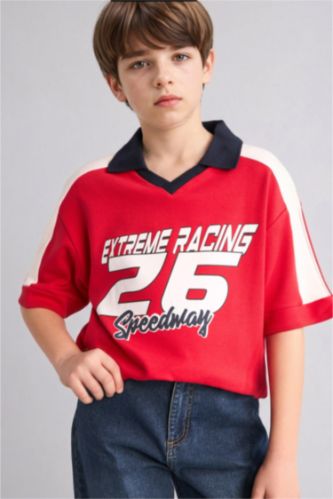 Erkek Çocuk - Genç Erkek Kırmızı Oversize Kısa kollu Polo Tişört Erkek Çocuk