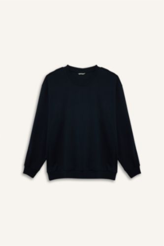 Erkek Lacivert Boxy Fıt Bisiklet Yaka Pike Sweatshirt